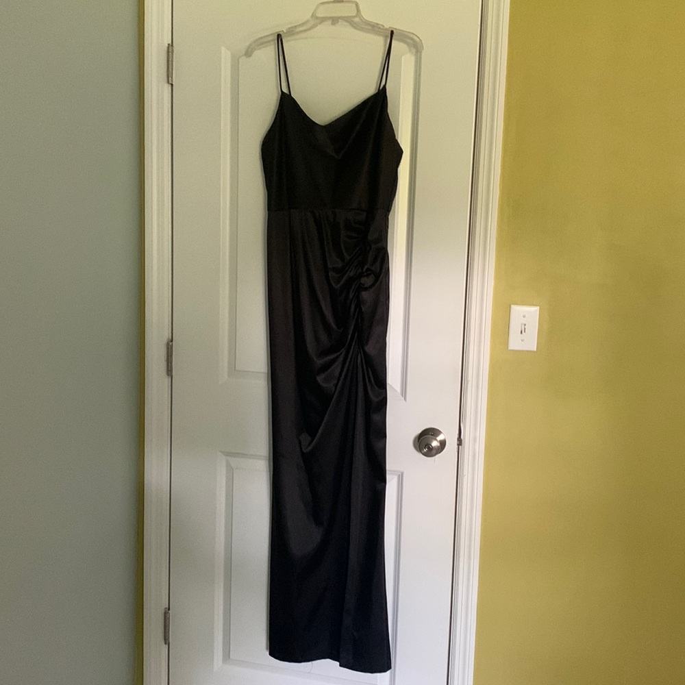 Betsy and Adam black satin cowl neck formal dress